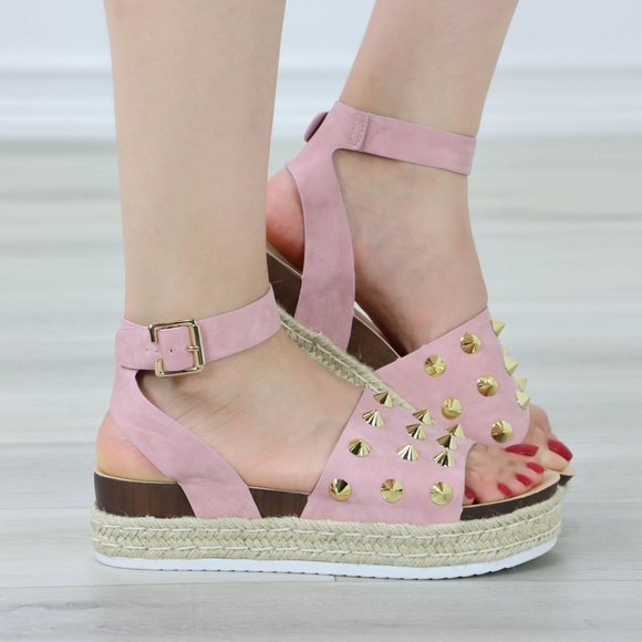 Dusty Pink Nubuck Metal Stud Sandals Espadrille Platform Heel - Picture 10 of 13